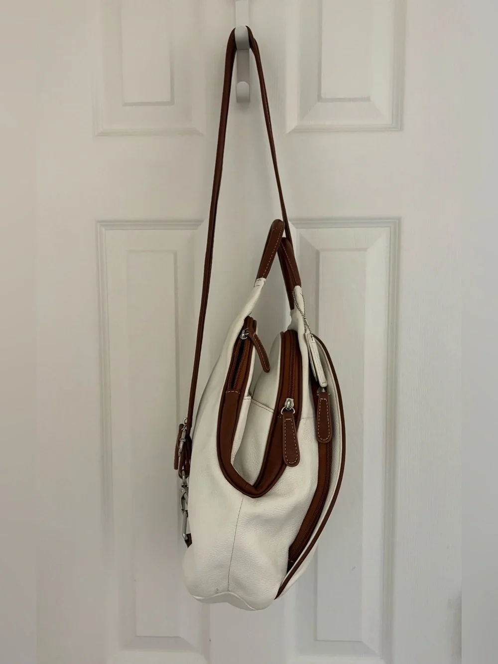 CLARK’s Women’s Leather White Sling Bag with Brown Trim